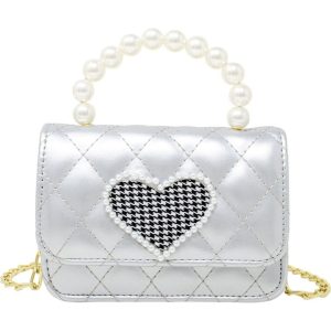 Quilted Pearl Handle Heart Bag - Silver